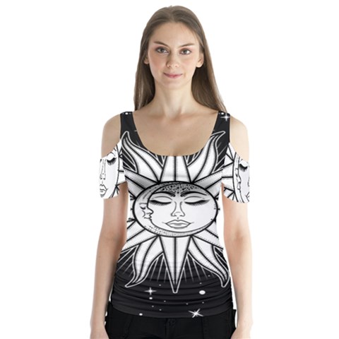 Sun Moon Star Universe Space Butterfly Sleeve Cutout T-shirt  by Ravend