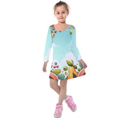 Fruits Sweet Papaya Orange Pattern Kids  Long Sleeve Velvet Dress by Ravend