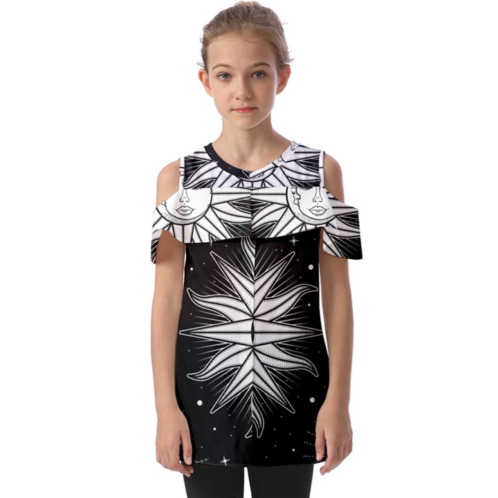 Sun Moon Star Universe Space Fold Over Open Sleeve Top