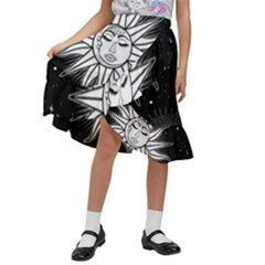 Sun Moon Star Universe Space Kids  Ruffle Flared Wrap Midi Skirt by Ravend