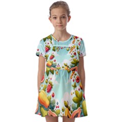 Fruits Sweet Papaya Orange Pattern Kids  Short Sleeve Pinafore Style Dress