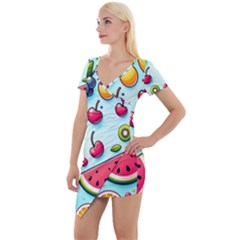 Fruits Sweet Pattern Short Sleeve Asymmetric Mini Dress by Ravend