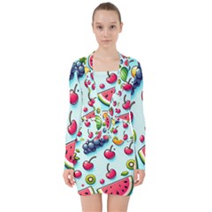 Fruits Sweet Pattern V-neck Bodycon Long Sleeve Dress by Ravend