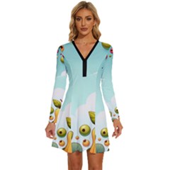 Fruits Sweet Papaya Orange Pattern Long Sleeve Deep V Mini Dress  by Ravend