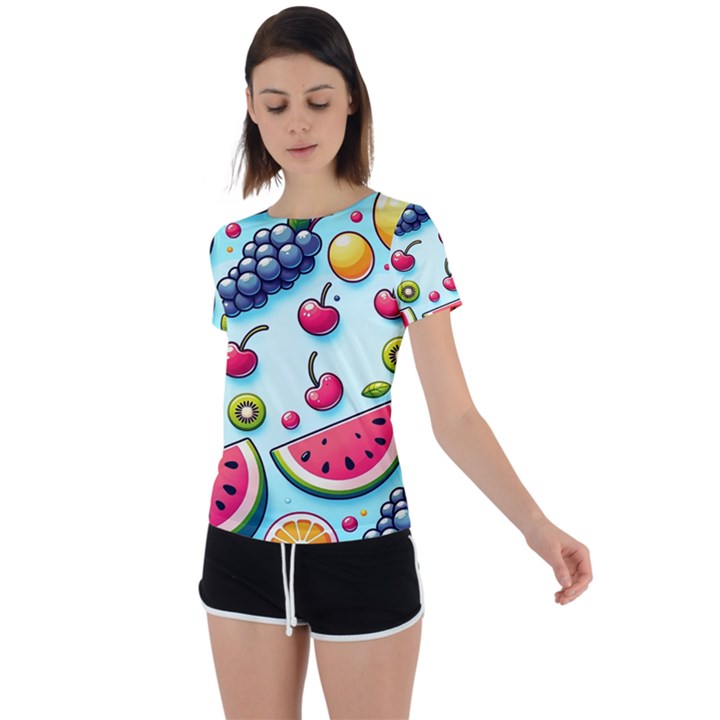 Fruits Sweet Pattern Back Circle Cutout Sports T-Shirt