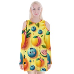 Fruits Fresh Sweet Pattern Velvet Long Sleeve Shoulder Cutout Dress