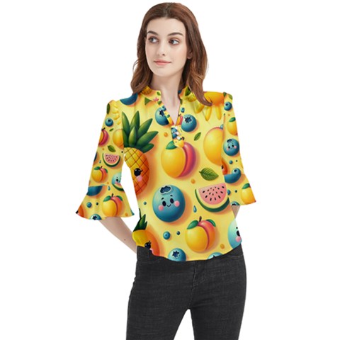 Fruits Fresh Sweet Pattern Loose Horn Sleeve Chiffon Blouse by Ravend