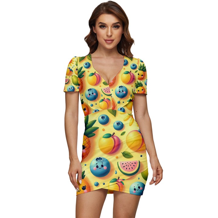 Fruits Fresh Sweet Pattern Low Cut Cap Sleeve Mini Dress