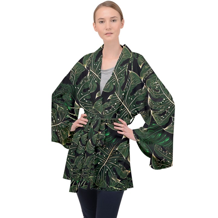 Monstera Plant Tropical Jungle Long Sleeve Velvet Kimono 