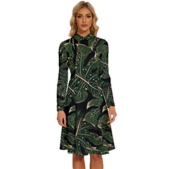 Monstera Plant Tropical Jungle Long Sleeve Shirt Collar A-line Dress by Ravend