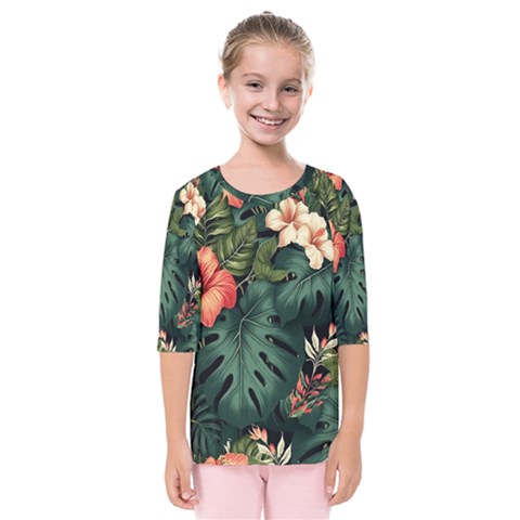 Flowers Monstera Foliage Tropical Kids  Quarter Sleeve Raglan T-shirt by Ravend