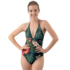 Flowers Monstera Foliage Tropical Halter Cut-out One Piece Swimsuit by Ravend