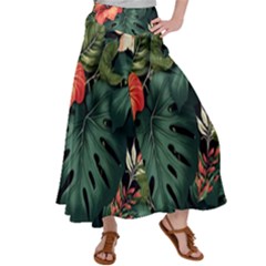 Flowers Monstera Foliage Tropical Women s Satin Palazzo Pants by Ravend