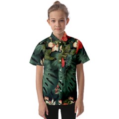 Flowers Monstera Foliage Tropical Kids  Short Sleeve Shirt by Ravend