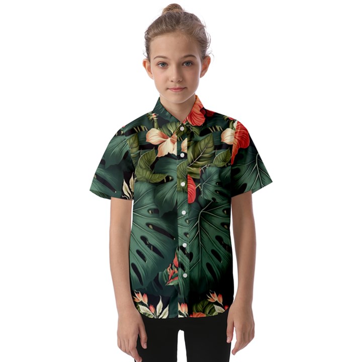 Flowers Monstera Foliage Tropical Kids  Short Sleeve Shirt