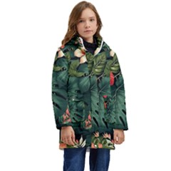 Flowers Monstera Foliage Tropical Kids  Hooded Longline Puffer Jacket by Ravend