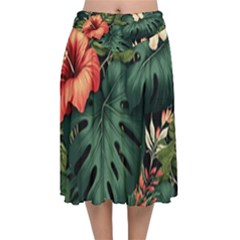 Flowers Monstera Foliage Tropical Velvet Flared Midi Skirt by Ravend