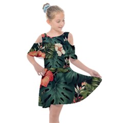 Flowers Monstera Foliage Tropical Kids  Shoulder Cutout Chiffon Dress by Ravend