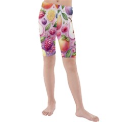 Fruits Apple Strawberry Raspberry Kids  Mid Length Swim Shorts by Ravend