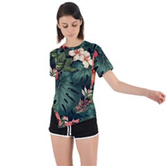 Flowers Monstera Foliage Tropical Asymmetrical Short Sleeve Sports T-shirt by Ravend