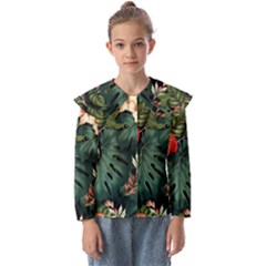 Flowers Monstera Foliage Tropical Kids  Peter Pan Collar Blouse by Ravend