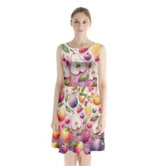 Fruits Apple Strawberry Raspberry Sleeveless Waist Tie Chiffon Dress by Ravend