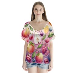 Fruits Apple Strawberry Raspberry V-neck Flutter Sleeve Top by Ravend