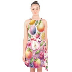 Fruits Apple Strawberry Raspberry Halter Collar Waist Tie Chiffon Dress by Ravend