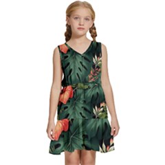 Flowers Monstera Foliage Tropical Kids  Sleeveless Tiered Mini Dress by Ravend