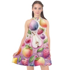 Fruits Apple Strawberry Raspberry Halter Neckline Chiffon Dress  by Ravend