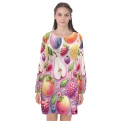 Fruits Apple Strawberry Raspberry Long Sleeve Chiffon Shift Dress  by Ravend