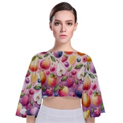 Fruits Apple Strawberry Raspberry Tie Back Butterfly Sleeve Chiffon Top by Ravend