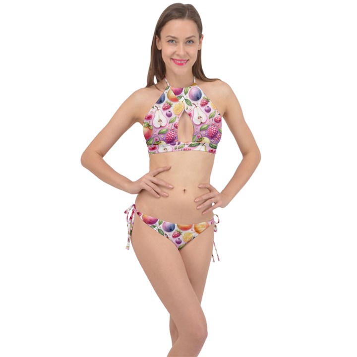 Fruits Apple Strawberry Raspberry Cross Front Halter Bikini Set