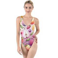 Fruits Apple Strawberry Raspberry High Leg Strappy Swimsuit by Ravend