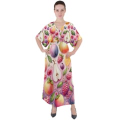 Fruits Apple Strawberry Raspberry V-neck Boho Style Maxi Dress by Ravend