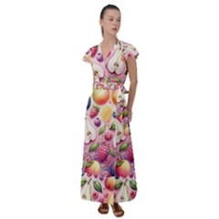 Fruits Apple Strawberry Raspberry Flutter Sleeve Maxi Dress by Ravend