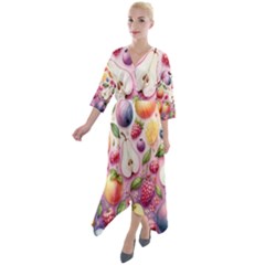 Fruits Apple Strawberry Raspberry Quarter Sleeve Wrap Front Maxi Dress by Ravend