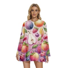 Fruits Apple Strawberry Raspberry Round Neck Long Sleeve Bohemian Style Chiffon Mini Dress by Ravend