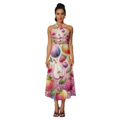 Fruits Apple Strawberry Raspberry Sleeveless Cross Front Cocktail Midi Chiffon Dress by Ravend