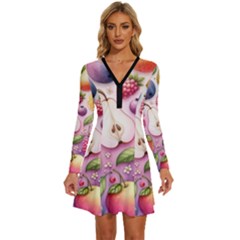 Fruits Apple Strawberry Raspberry Long Sleeve Deep V Mini Dress  by Ravend