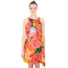 Bouquet Floral Blossom Anniversary Halter Collar Waist Tie Chiffon Dress by Ravend