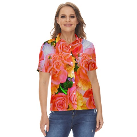 Bouquet Floral Blossom Anniversary Women s Short Sleeve Double Pocket Shirt by Ravend