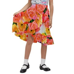 Bouquet Floral Blossom Anniversary Kids  Ruffle Flared Wrap Midi Skirt by Ravend