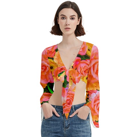 Bouquet Floral Blossom Anniversary Trumpet Sleeve Cropped Top by Ravend