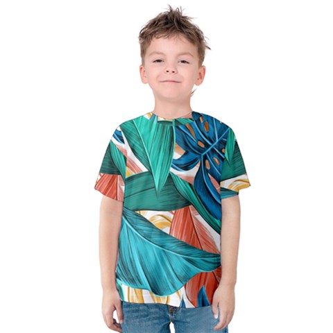 Leaves Tropical Exotic Green Plant Kids  Cotton T-shirt by Ravend