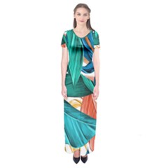 Leaves Tropical Exotic Green Plant Short Sleeve Maxi Dress by Ravend