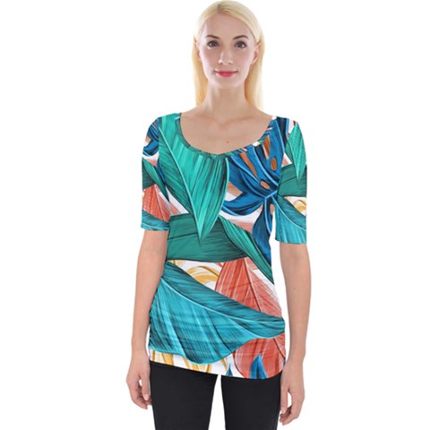 Leaves Tropical Exotic Green Plant Wide Neckline T-shirt by Ravend