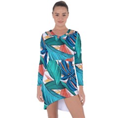 Leaves Tropical Exotic Green Plant Asymmetric Cut-out Shift Dress by Ravend