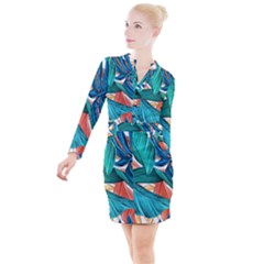 Leaves Tropical Exotic Green Plant Button Long Sleeve Dress by Ravend