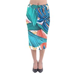 Leaves Tropical Exotic Green Plant Velvet Midi Pencil Skirt by Ravend